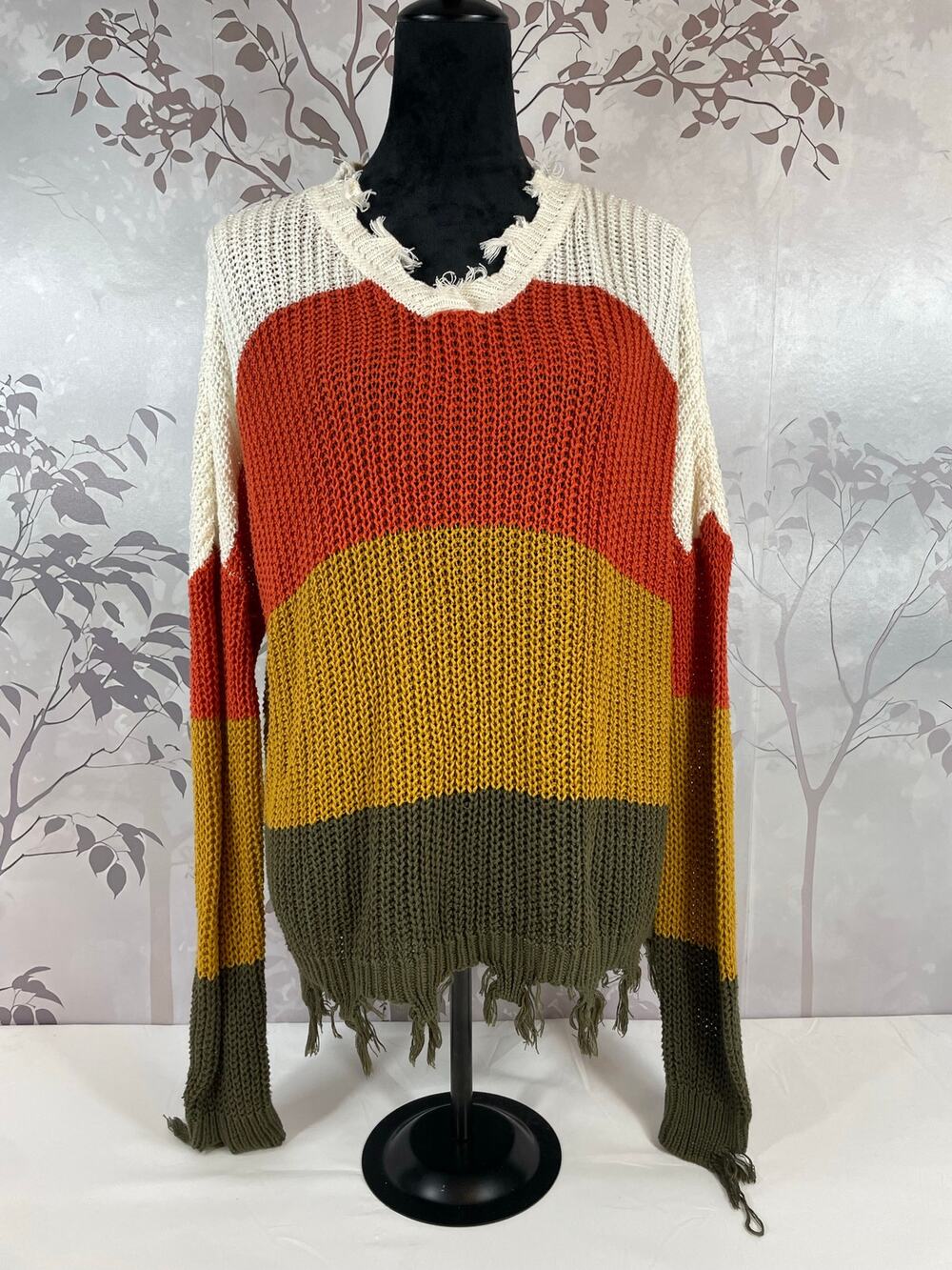 Cato Colorblock Distressed Fringe Open Knit Sweater L Rust Yellow Olive Boho